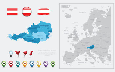 Obraz premium Austria map, flag and navigation icons. Vector illustration