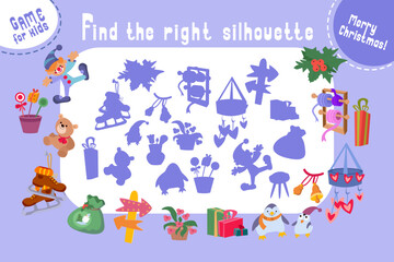 Fototapeta na wymiar Find the correct silhouette, shadow. Puzzle game for kids. Big set of Christmas items. Cute cartoon character and objects. Vector color illustration. 