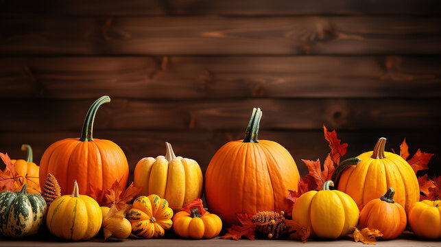 Festive autumn decor of pumpkins, on wooden table, Wide banner concept. Generative Ai