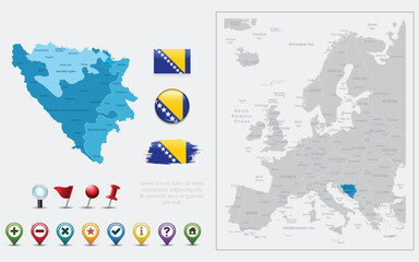 Bosnia and Herzegovina map, flag and navigation icon. Vector illustration