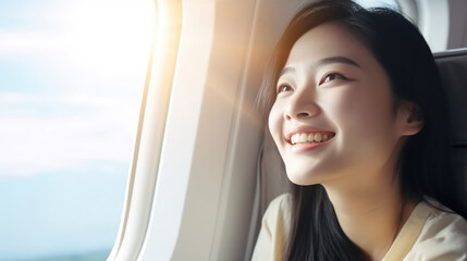 Young Asian woman traveler looking view at window in airplane with happiness and relaxing