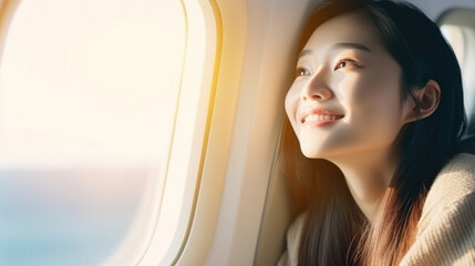 Young Asian woman traveler looking view at window in airplane with happiness and relaxing
