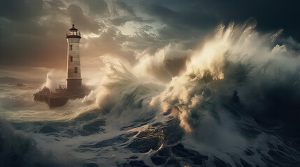 An old lighthouse on a cliff with raging waves below.  AI generative - obrazy, fototapety, plakaty