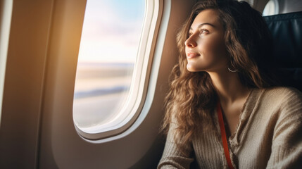 Fototapeta na wymiar Young woman traveler looking view at window in airplane with happiness and relaxing