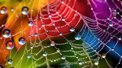 Close-up of dew-covered spiderweb in the early morning.  AI generative