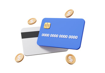 Credit or debit card concept online payments coins floating on isolated background. money transfer shopping financial business transactions. cartoon minimal style. 3d rendering illustration