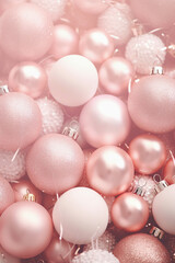 Christmas pastel pink baubles closeup. Abstract holiday decor background