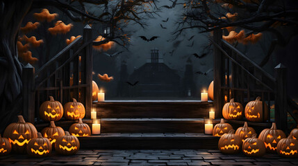 Dark Halloween Background with Pumpkins. Spooky Seasonal Atmosphere