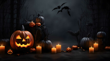 Dark Halloween Background with Pumpkins. Spooky Seasonal Atmosphere