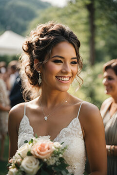 Candid photo of a joyful hispanic bride at an outdoor summer wedding, surrounded by nature. Her authentic happiness shines. Image created using artificial intelligence.