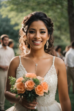 Candid photo of a joyful hispanic bride at an outdoor summer wedding, surrounded by nature. Her authentic happiness shines. Image created using artificial intelligence.