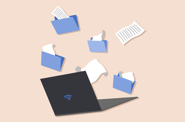 Flat design of overwhelm work vector, too many working folder vector, overwhelmed paperwork and folders, flat design of work life not balance vector, overwhelming paperwork floating vector.