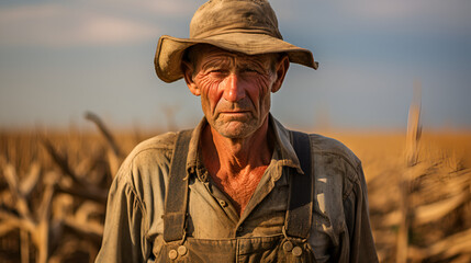 Fototapeta premium An old hard working farmer, lined worn face, wears a hat & overalls