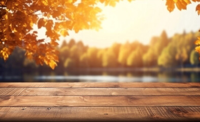 Naklejka na ściany i meble Seasonal background sunny wood nature fall tree wooden bokeh park leaves yellow autumn