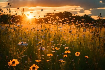 The heart of a tranquil meadow at sunset, where wildflowers sway gently in the warm breeze - obrazy, fototapety, plakaty