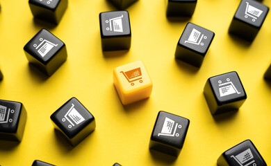 Highlighted shopping cart. Shopping and trade. Favorable offers, customer loyalty program. Season of discounts and low prices. Marketplace, taking advantage of vast range of products and deals.