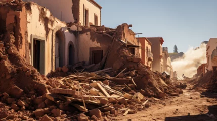 Fotobehang Chocoladebruin Morocco Shaken: North African street with collapsed buildings after earthquake.