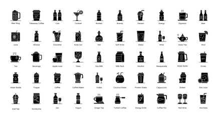 Beverages Glyph Icons Beverage Tea Glass Iconset in Glyph Style 50 Vector Icons in Black