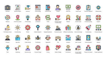 Crowdfunding Color Line Icons Affiliate Financial Banking Iconset in Filled Outline Style 50 Vector Icons
