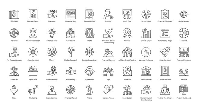 Crowdfunding Thin Line Icons Affiliate Financial Banking Iconset in Outline Style 50 Vector Icons in Black