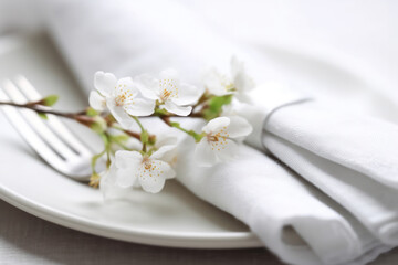 Spring table setting with cherry blossom on white plate, closeup