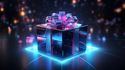 A gift box in cyberpunk style on a dark background. Generative Ai - obrazy, fototapety, plakaty