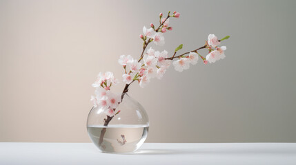 Cherry blossom in vase on white table and gray background