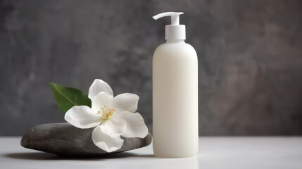 Fototapeta na wymiar Cosmetic bottle with a dispenser and jasmine flower on a gray background