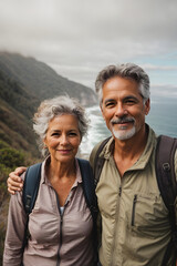 Senior couple admiring the scenic Pacific coast while hiking, filled with wonder at the beauty of nature during their active retirement. Image created using artificial intelligence.