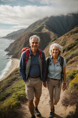 Obraz premium Senior couple admiring the scenic Pacific coast while hiking, filled with wonder at the beauty of nature during their active retirement. Image created using artificial intelligence.