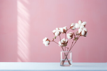 Cotton flowers in glass vase on table and pink wall background