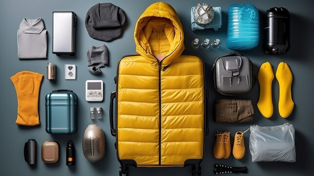 High angle of luggage with medical masks. Generative Ai