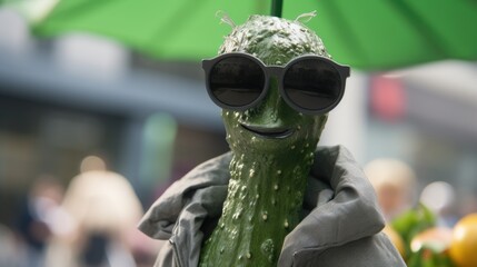 A pickle cucumber wearing sunglasses and a jacket. AI - obrazy, fototapety, plakaty