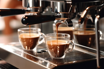 Coffee machine making espresso, closeup. Professional coffee brewing process