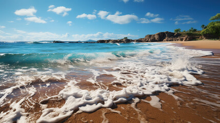 Fototapeta na wymiar Seashore with Beach Rocks Blue Wave and White Frothy Sand Surface