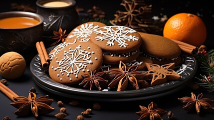 Pieces of raw gingerbread dough on a dark clay plate, Christmas decorations. Generative Ai