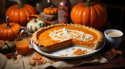 Tasty pumpkin pie on table, Bright color. Generative Ai