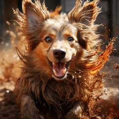  hyper realistic of a colorful dust with an image of a dog, ai generated.