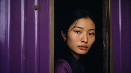 Portrait of a beautiful young asian woman in purple dress.