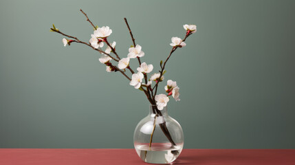 Bouquet of blooming apricot flowers in a vase on a green background