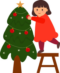 A girl is decorating a Christmas tree.