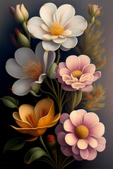 a painting of a flower on a gray background. 