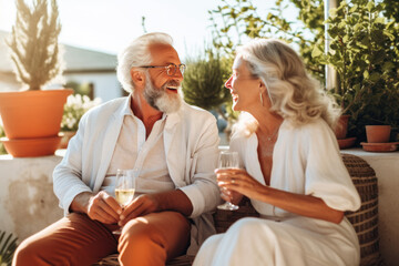 Beautiful senior couple drinking champagne and smiling while sitting on terrace