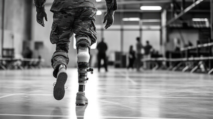 Close-up of man in military uniform with prosthetic leg.