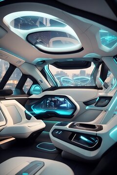 an image of a futuristic autonomous car interior with a panoramic OLED touchscreen dashboard, augmented reality windshield display, and luxurious, eco-friendly materials - generative ai