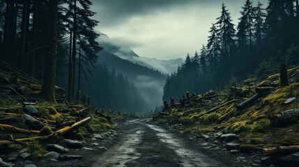 A Road in The Middle of a Mountainous Forest Under The Foggy Sky