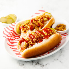 Traditional hot dogs with pickles