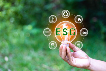 ESG icon in light bulb on green grass nature background. green energy, eco earth day concept. golden light in morning. icon energy and environmental protection around it. energy sources for renewable