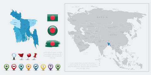 Fototapeta premium Bangladesh map, flag and navigation icons. Vector illustration