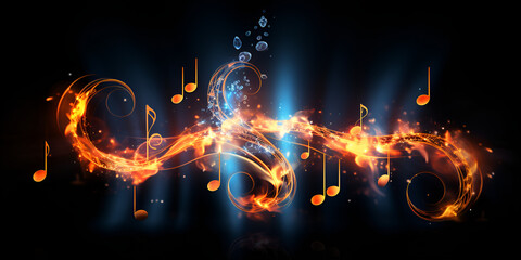  A colorful fire swirls on a black background, treble clef background ,Abstract background motion design,